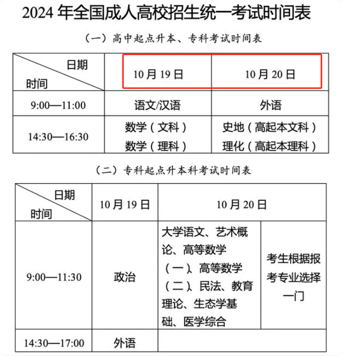2024年成人高考是哪一天（10月19日至20日）-圖1
